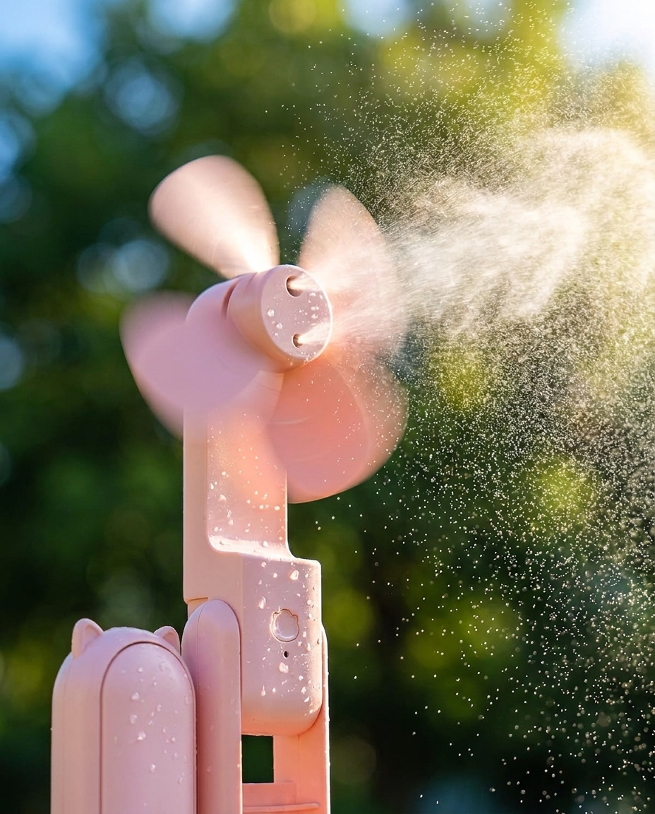 Breezly mini misting fan spraying a fine cooling mist